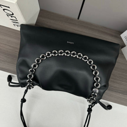 LOE LARGE 41 FLAMENCO PURSE BUCKET IN BLACK LAMBSKIN SILVER HARDWARE