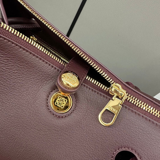 LOEWE 25S MEDIUM MADRID BAG 23 IN DARK WINE CALFSKIN GOLD HARDWARE