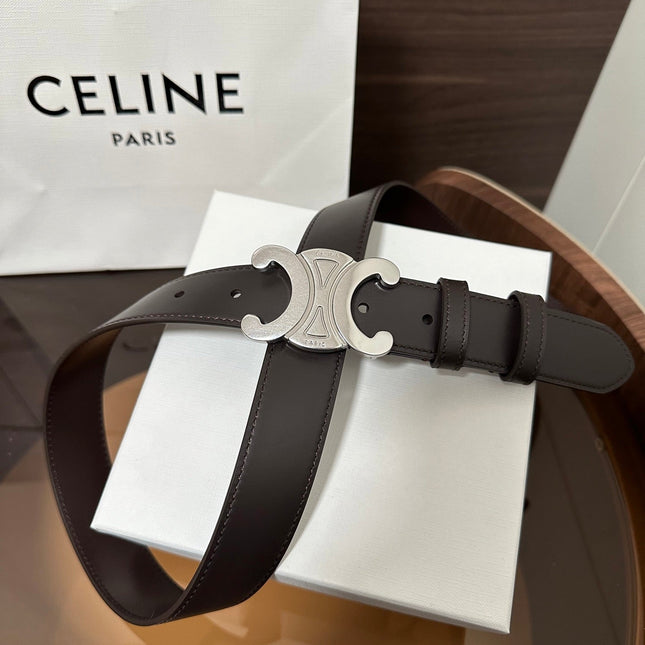 TRIOMPHE BELT 30MM IN DARK BROWN CALFSKIN WITH SILVER BUCKLE