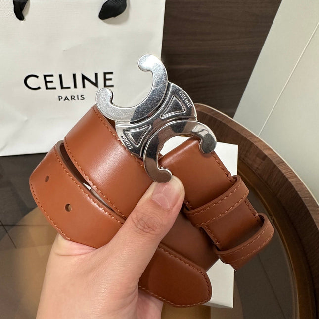 TRIOMPHE BELT 30MM IN BROWN CALFSKIN WITH SILVER BUCKLE