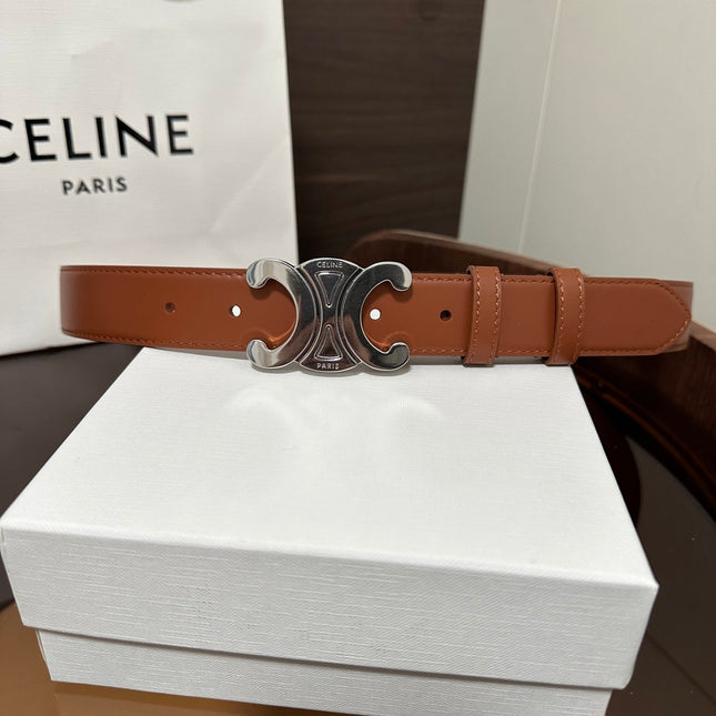 TRIOMPHE BELT 30MM IN BROWN CALFSKIN WITH SILVER BUCKLE