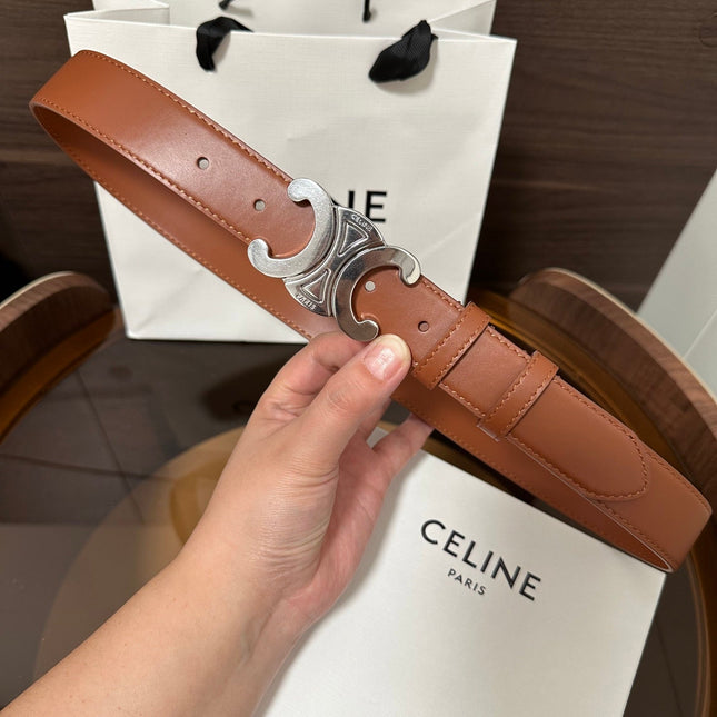 TRIOMPHE BELT 30MM IN BROWN CALFSKIN WITH SILVER BUCKLE