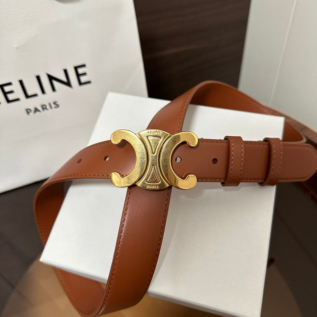 TRIOMPHE BELT 30MM IN BROWN CALFSKIN WITH GOLD BUCKLE