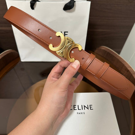 TRIOMPHE BELT 30MM IN BROWN CALFSKIN WITH GOLD BUCKLE