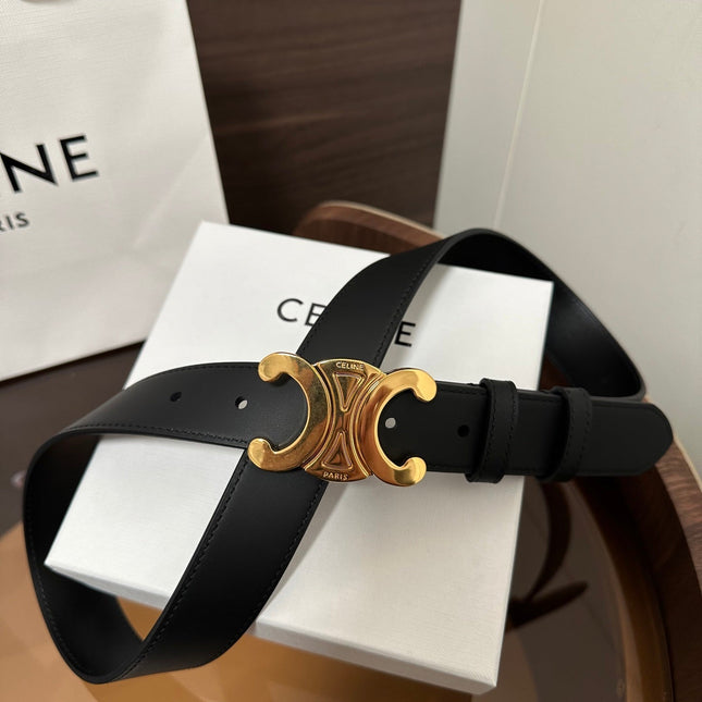 TRIOMPHE BELT 30MM IN BLACK CALFSKIN WITH GOLD BUCKLE