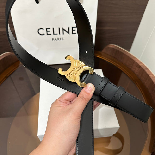 TRIOMPHE BELT 30MM IN BLACK CALFSKIN WITH GOLD BUCKLE