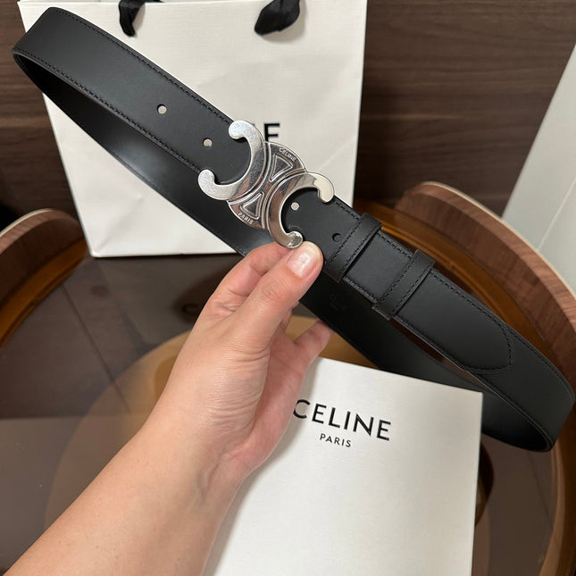 TRIOMPHE BELT 30MM IN BLACK CALFSKIN WITH SILVER BUCKLE