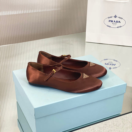 PRA NAPPA MARY JANE FLAT BROWN SATIN