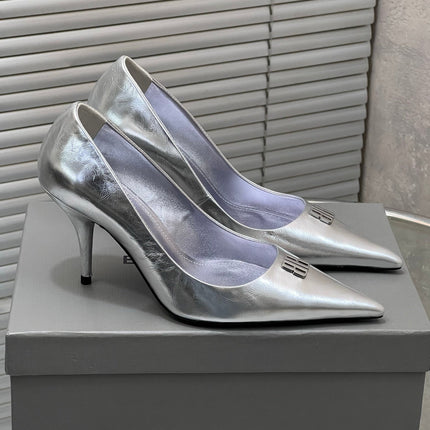 BALENCIAGA 25S HIGH-HEEL SHOES 85 MM IN SILVER COW LEATHER