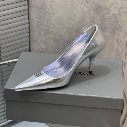 BALENCIAGA 25S HIGH-HEEL SHOES 85 MM IN SILVER COW LEATHER