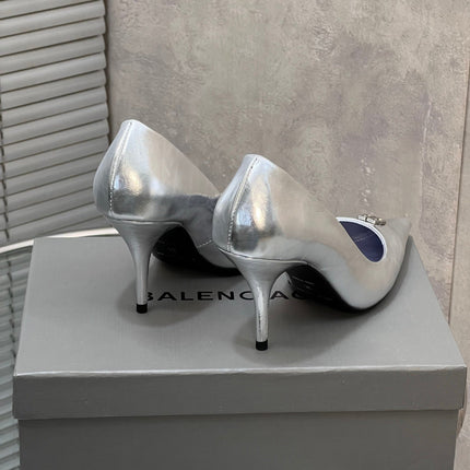 BALENCIAGA 25S HIGH-HEEL SHOES 85 MM IN SILVER COW LEATHER
