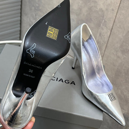 BALENCIAGA 25S HIGH-HEEL SHOES 85 MM IN SILVER COW LEATHER