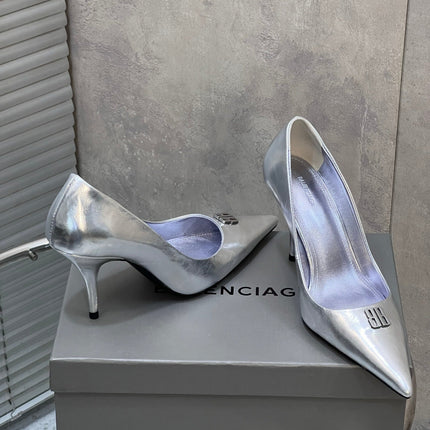BALENCIAGA 25S HIGH-HEEL SHOES 85 MM IN SILVER COW LEATHER