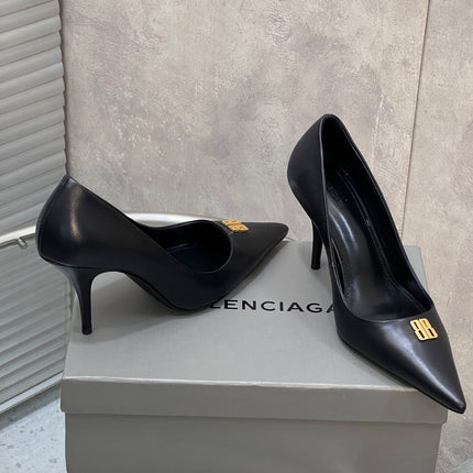 BALENCIAGA 25S HIGH-HEEL SHOES 85 MM IN BLACK COW LEATHER WITH GOLD HARDWARE