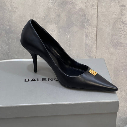 BALENCIAGA 25S HIGH-HEEL SHOES 85 MM IN BLACK COW LEATHER WITH GOLD HARDWARE