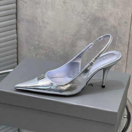 BALENCIAGA 25S HIGH-HEEL SLINGBACK 85 MM IN SILVER COW LEATHER