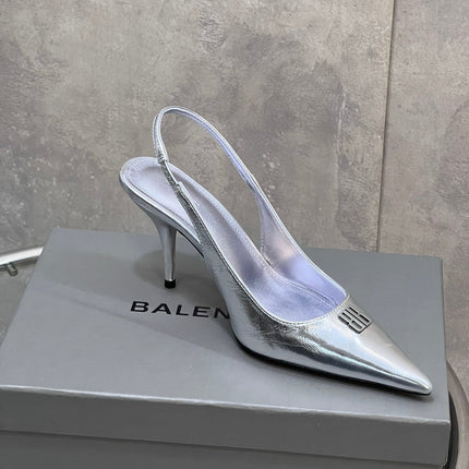 BALENCIAGA 25S HIGH-HEEL SLINGBACK 85 MM IN SILVER COW LEATHER