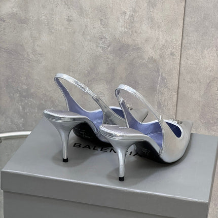 BALENCIAGA 25S HIGH-HEEL SLINGBACK 85 MM IN SILVER COW LEATHER