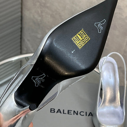 BALENCIAGA 25S HIGH-HEEL SLINGBACK 85 MM IN SILVER COW LEATHER