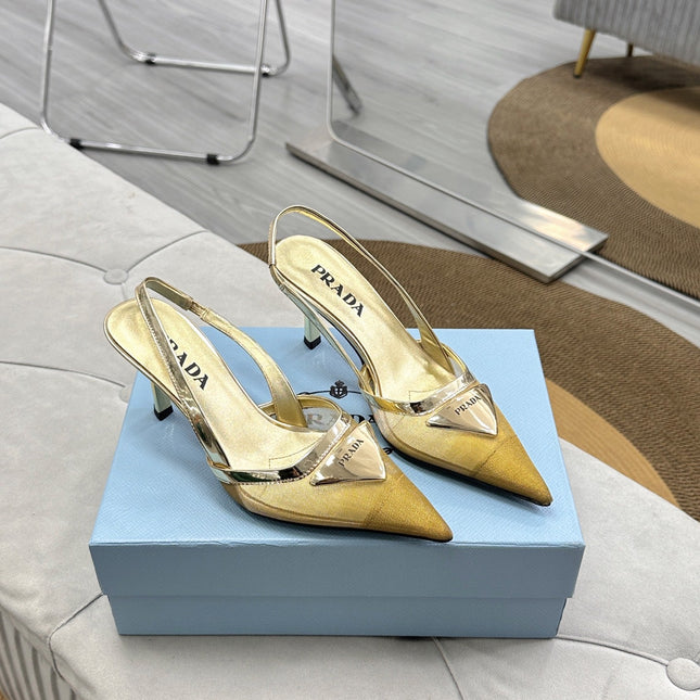 PRADA 25S TRIANGLE LOGO SLINGBACK PUMPS IN GOLD MESH FABRIC