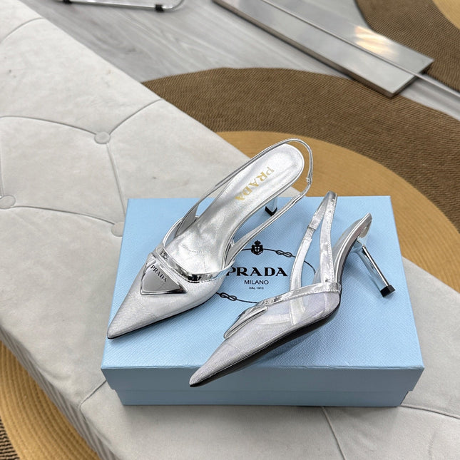 PRADA 25S TRIANGLE LOGO SLINGBACK PUMPS IN SILVER MESH FABRIC