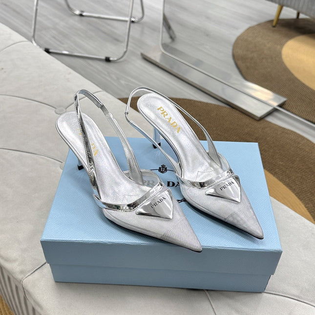 PRADA 25S TRIANGLE LOGO SLINGBACK PUMPS IN SILVER MESH FABRIC