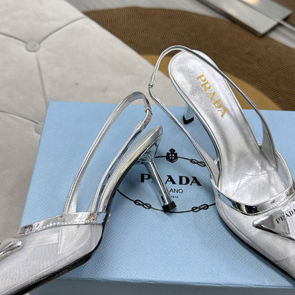 PRADA 25S TRIANGLE LOGO SLINGBACK PUMPS IN SILVER MESH FABRIC