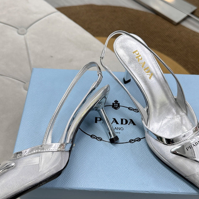 PRADA 25S TRIANGLE LOGO SLINGBACK PUMPS IN SILVER MESH FABRIC