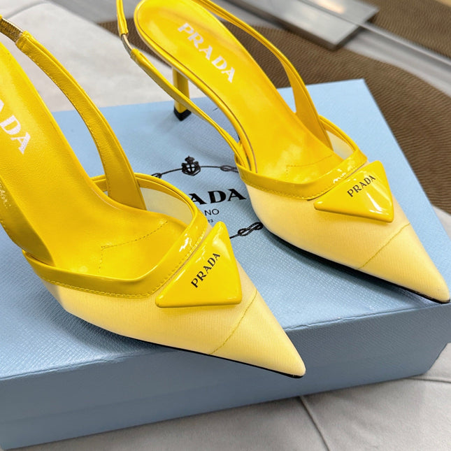 PRADA 25S TRIANGLE LOGO SLINGBACK PUMPS IN YELLOW MESH FABRIC