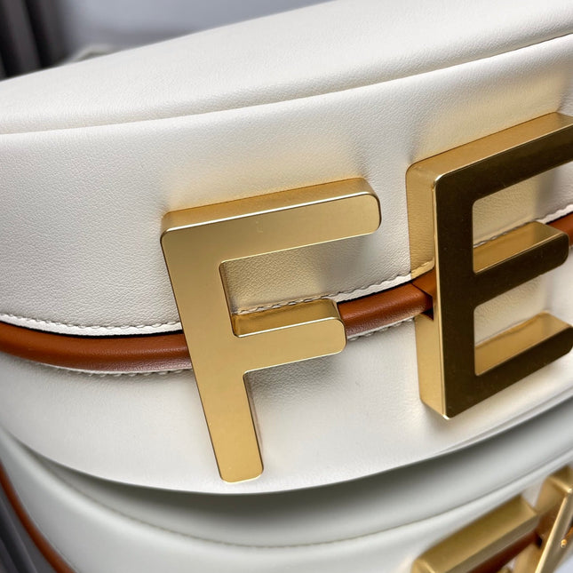 FENDIGRAPHY MEDIUM 29 IN WHITE AND ORANGE TRIM SMOOTH LAMBSKIN GOLD HARDWARE