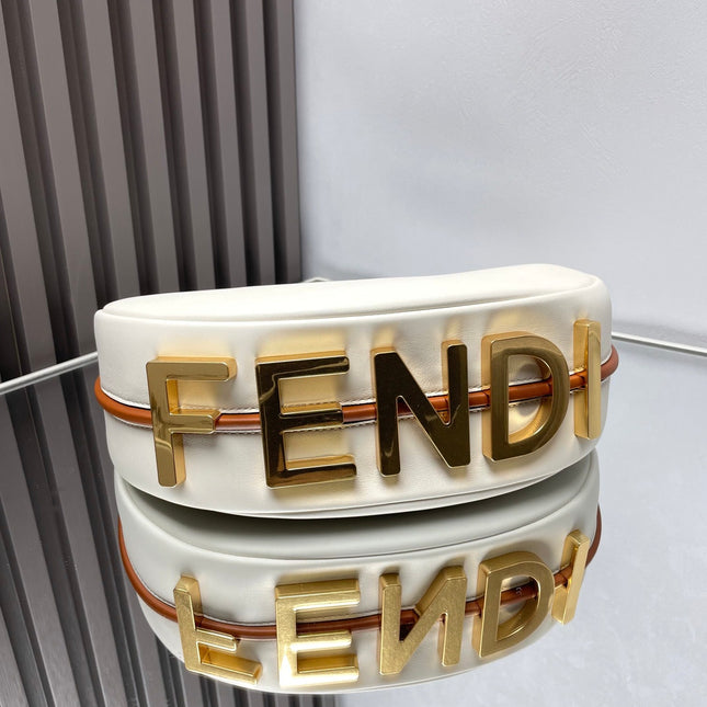 FENDIGRAPHY MEDIUM 29 IN WHITE AND ORANGE TRIM SMOOTH LAMBSKIN GOLD HARDWARE