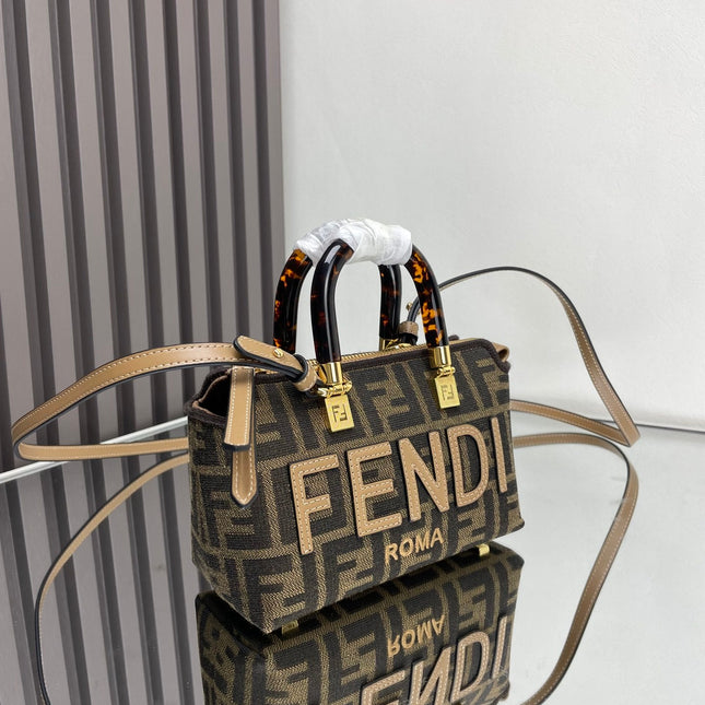 BY THE WAY MINI 18 IN SOYA BEAN JACQUARD FABRIC AND BROWN CALFSKIN TRIM