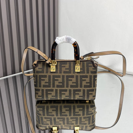 BY THE WAY MINI 18 IN SOYA BEAN JACQUARD FABRIC AND BROWN CALFSKIN TRIM