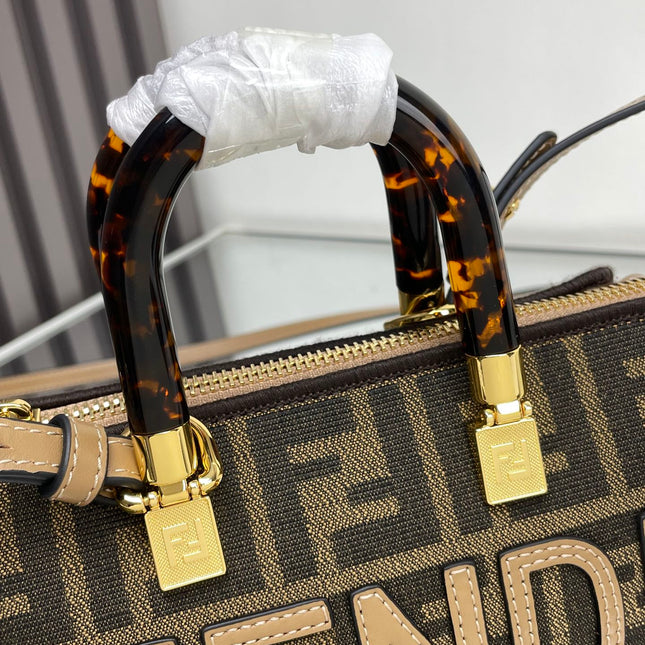 BY THE WAY MINI 18 IN SOYA BEAN JACQUARD FABRIC AND BROWN CALFSKIN TRIM