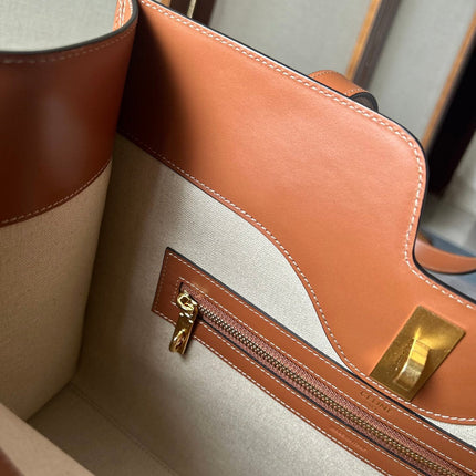 CABAS 37 IN WHITE CANVAS AND BRONZE BROWN CALFSKIN TRIM GOLD LOCK