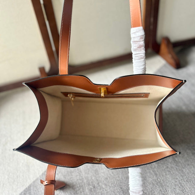 CABAS 37 IN WHITE CANVAS AND BRONZE BROWN CALFSKIN TRIM GOLD LOCK