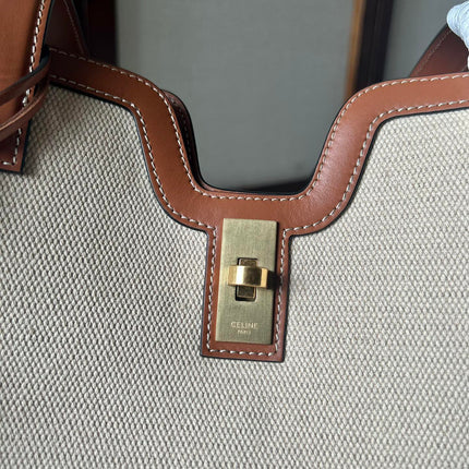 CABAS 37 IN WHITE CANVAS AND BRONZE BROWN CALFSKIN TRIM GOLD LOCK