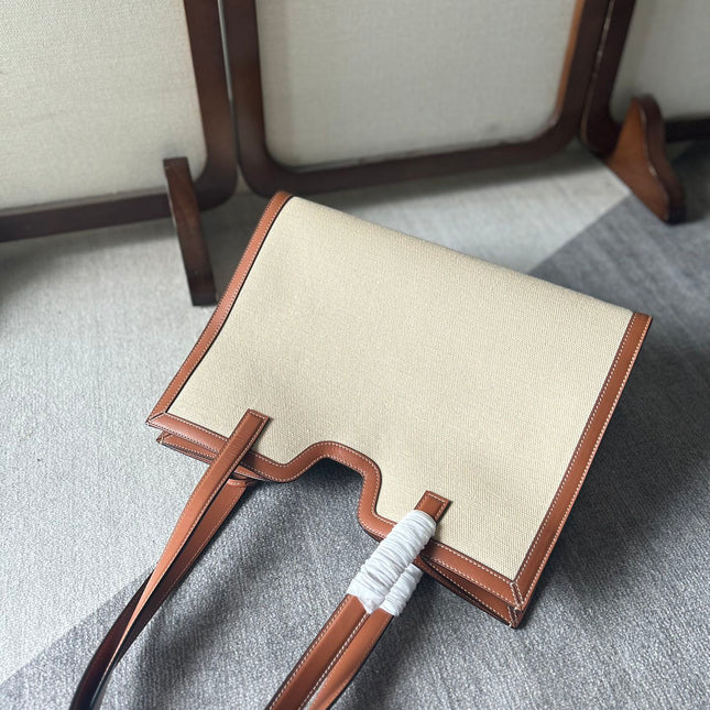 CABAS 37 IN WHITE CANVAS AND BRONZE BROWN CALFSKIN TRIM GOLD LOCK