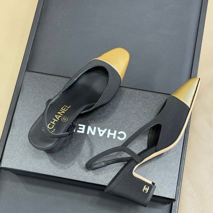 CC SLINGBACK 25S IN BLACK FABRIC MIX GOLD LAMBSKIN