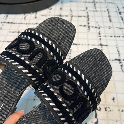 GG SLIDE SANDAL WITH GUCCI SCRIPT BLACK DENIM