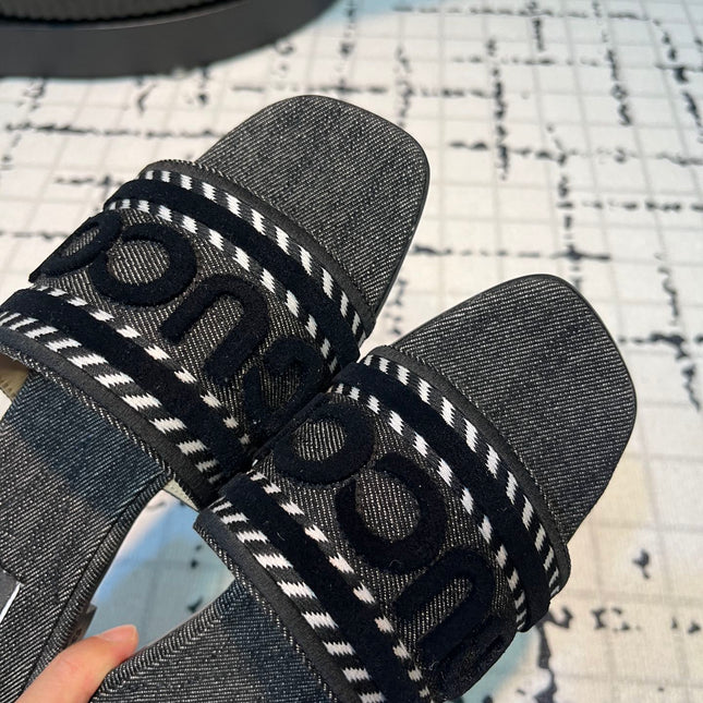 GG SLIDE SANDAL WITH GUCCI SCRIPT BLACK DENIM