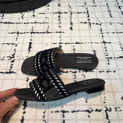 GG SLIDE SANDAL WITH GUCCI SCRIPT BLACK DENIM