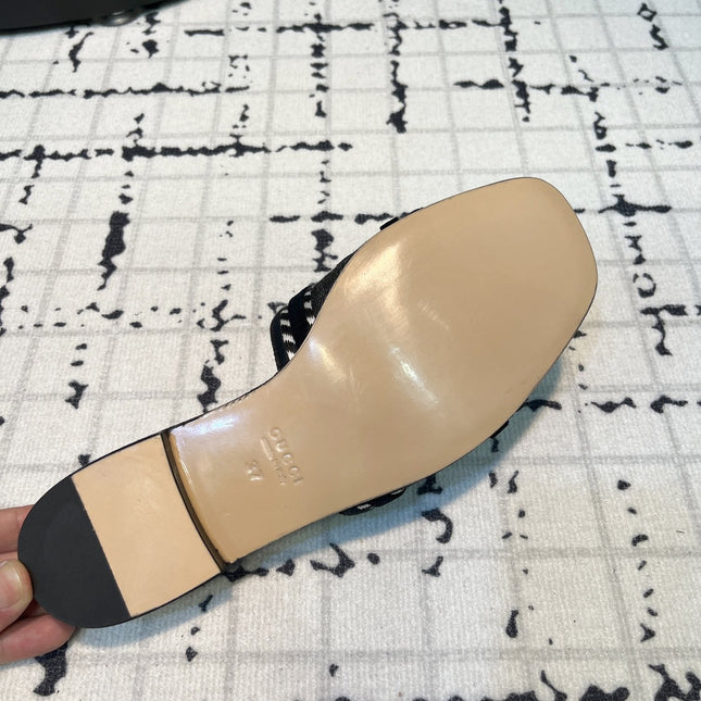 GG SLIDE SANDAL WITH GUCCI SCRIPT BLACK DENIM