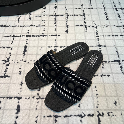 GG SLIDE SANDAL WITH GUCCI SCRIPT BLACK DENIM