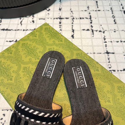 GG SLIDE SANDAL WITH GUCCI SCRIPT BLACK DENIM