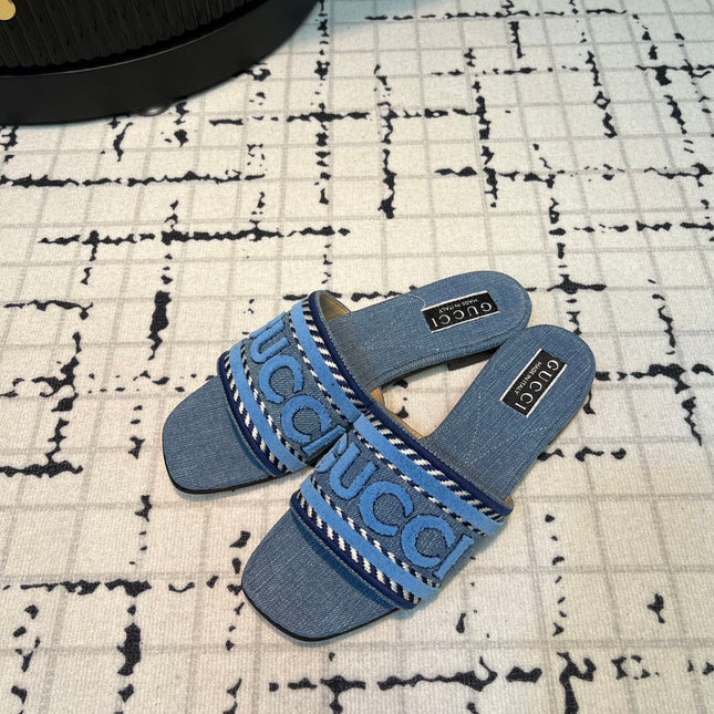 GG SLIDE SANDAL WITH GUCCI SCRIPT TEAL DENIM