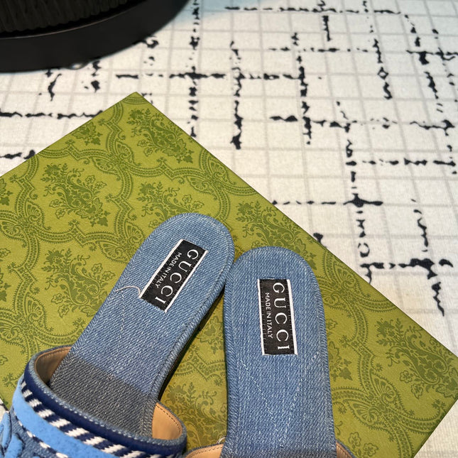 GG SLIDE SANDAL WITH GUCCI SCRIPT TEAL DENIM