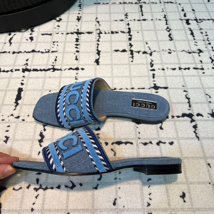 GG SLIDE SANDAL WITH GUCCI SCRIPT TEAL DENIM