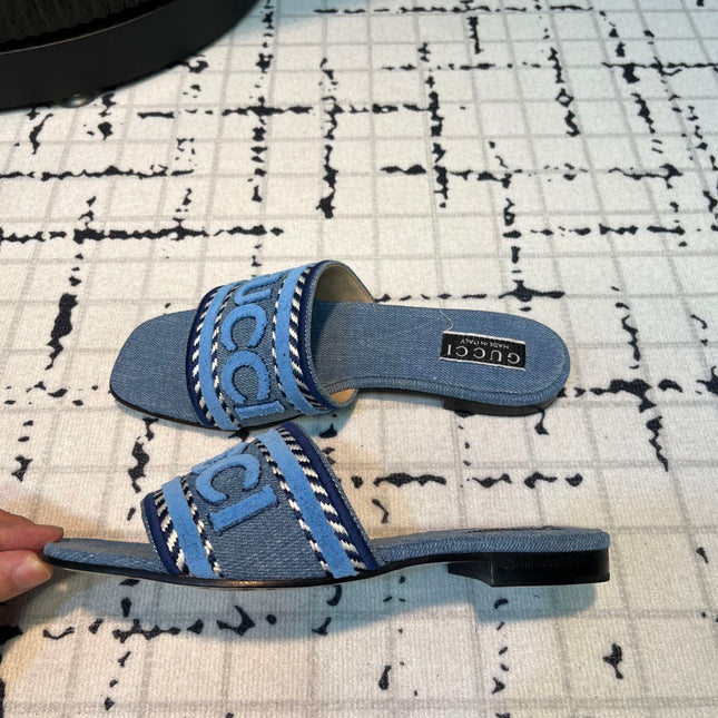 GG SLIDE SANDAL WITH GUCCI SCRIPT TEAL DENIM