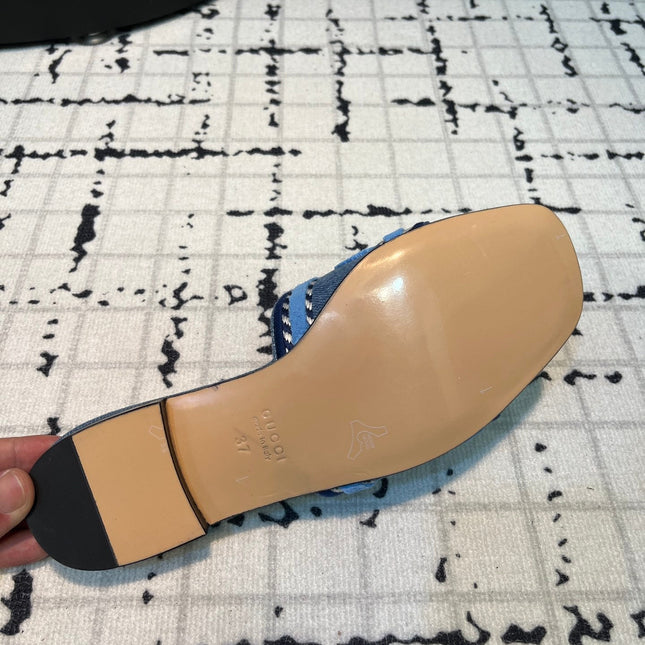 GG SLIDE SANDAL WITH GUCCI SCRIPT TEAL DENIM